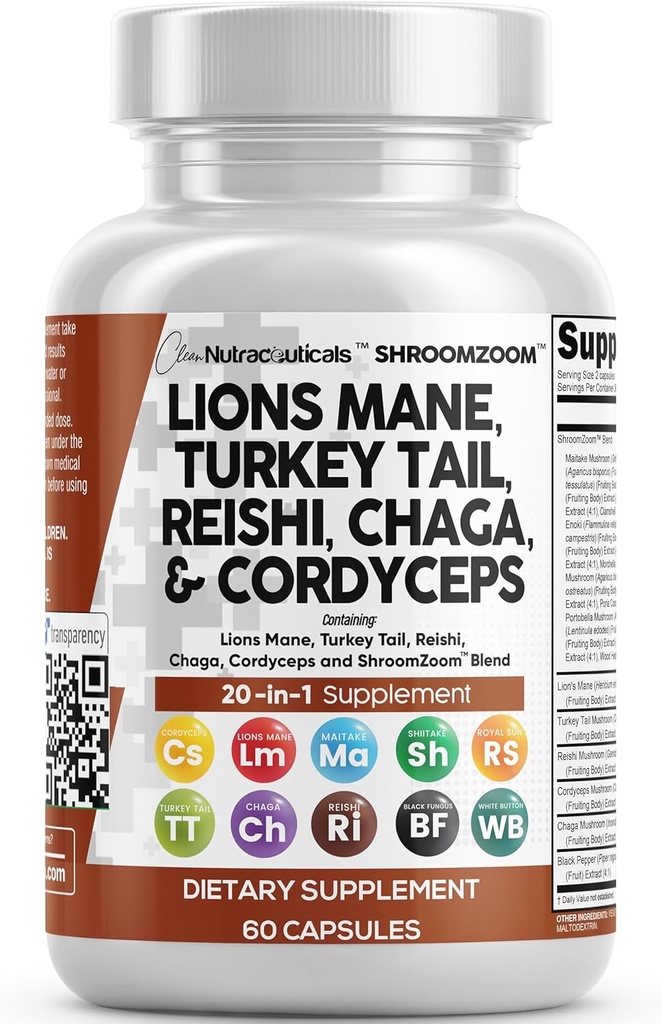 Puhas Nutraceuticals Lions Mane 20in1 Seenelisa Türgiga Saba Reishi Cordyceps Chaga Maitake Meshima Poria Cocos Shiitake Oyster Porcini Enoki - 1 Pack