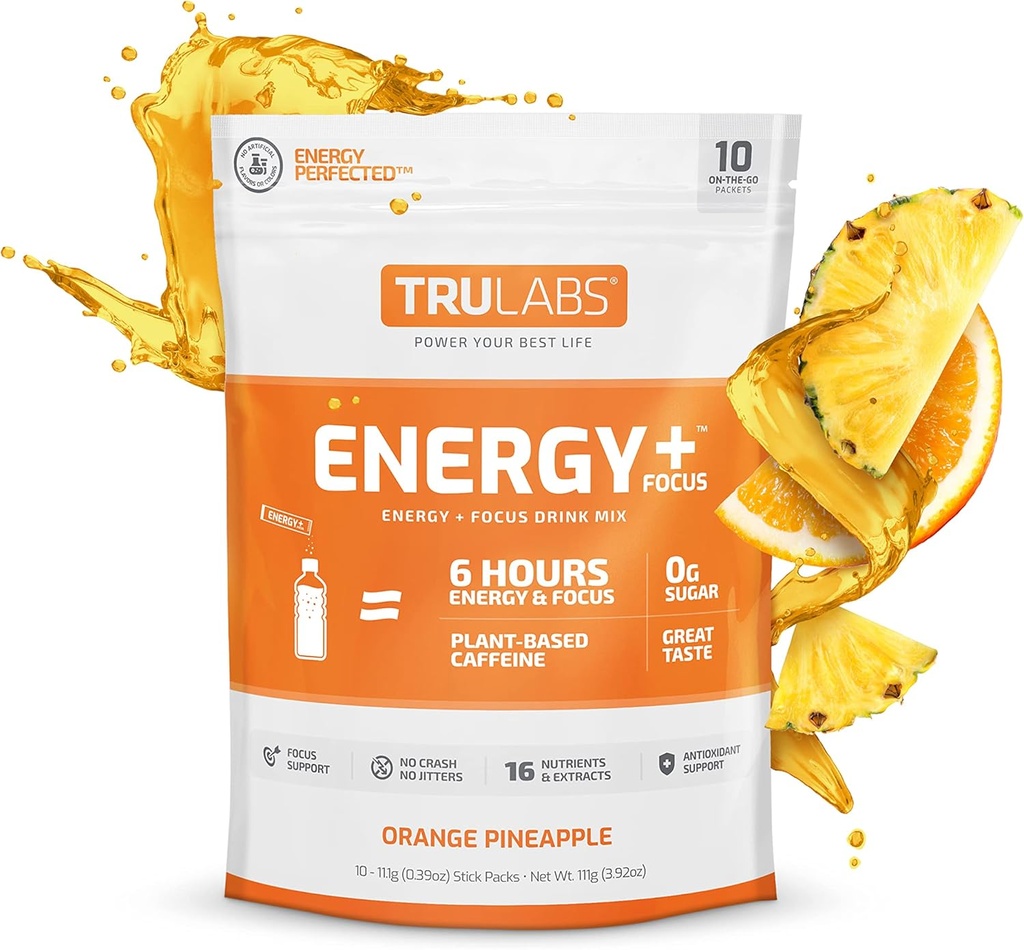 TRULABS kestvus, energia + fookus, pulbriline joogisegu, oranž ananassi (10ct)