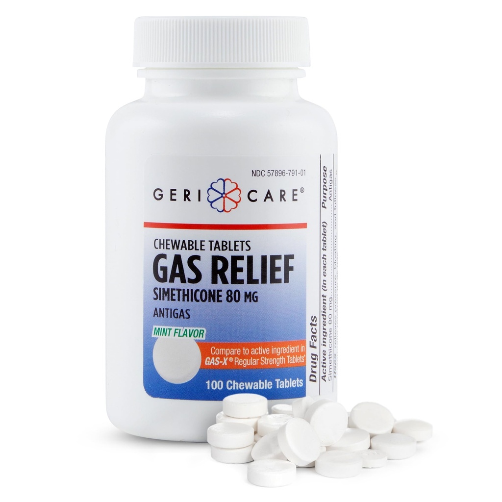 GeriCare Simethicone närimistabletid 80mg | Kiire leevendus gaasile, puhitusele ja ebamugavusele | Mündimaitselised gaasivastased närimisvahendid | Suukaudne täiskasvanute gaasivalu leevendamine | Põlemisvastane abi (100 tabletti)
