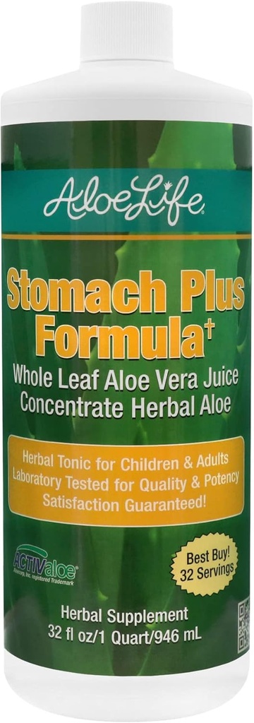 Aloe Life - Stomach Plus Formula, Fast-Acting Tonic for Children, Adults, & Seniors, Supports Healthy Digestion & Helps to Soothe Gas, Bloating, & Nausea, Aloe Vera Concentrate, Gluten-Free (32 oz)