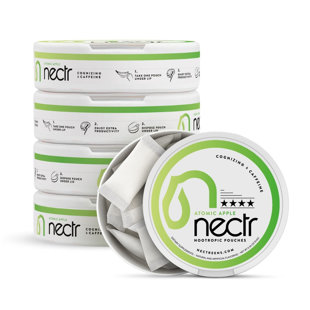 Nectr Energy Nootropic Pouches - Atomic Apple Maitsestatud, Kofeiini Pouches Cognizin® Citicoline. Suhkruvaba aju ravi. Sujuv, jätkusuutlik fookus ja energialisa - 1 pulk 16 tk