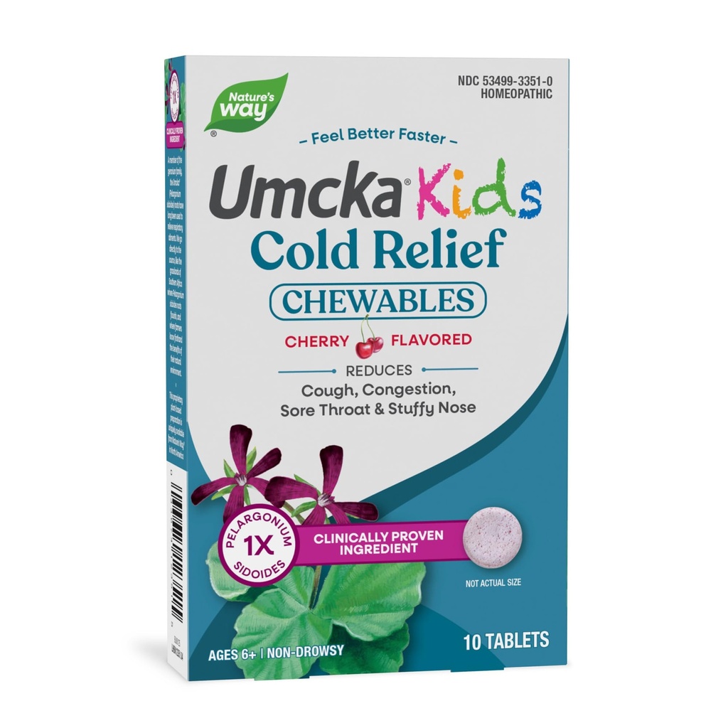 Nature's Way Kids Cold Relief närimistables, Umcka, vanuses 6+, lühendab kestust ja vähendab raskust, mitme sümptomiga külma ravi, mitte-uimane, kirsi maitsestatud, 10 tabletti