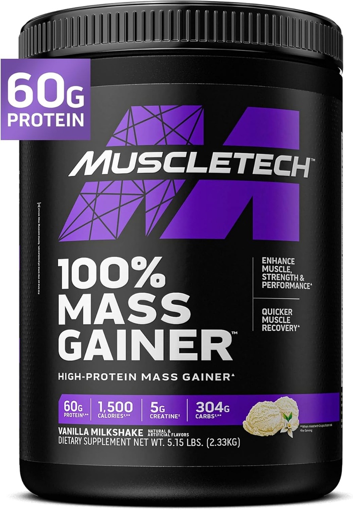 MuscleTech Kõrge Valgu Mass Gainer Meestele Ja Naistele - Valgu Powder Shakes kaalutõusuks, Lihaste Ehitamiseks Ja Taastamiseks Kreatiin Monohüdraadiga - Vanilla Piimakokteil, 5.15 Nael