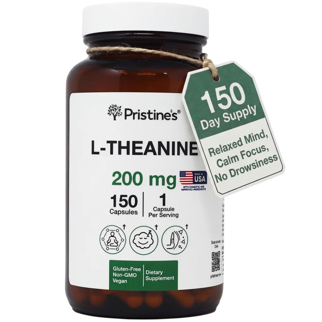 PRISTINE'S L Theanine 200 mg täienduskapslid - 3. osapoole testitud mitte-GMO - 150 päeva pakkumine - lõõgastav ja puhkekvaliteedi tugikapslid - Vegan, cGMP Facility & Gluteenivabad klaasipudelid