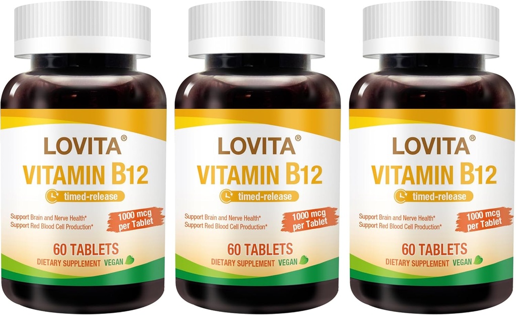 Lovita Vitamiin B12 1000 mcg (B12 vitamiinid nagu tsüanokobalamiin), ajastatud vabanemine B12, Vegan-sõbralik, toetab närvisüsteemi, 60 taimset tabletti (2 kuu pakkumine) (3. pakend)
