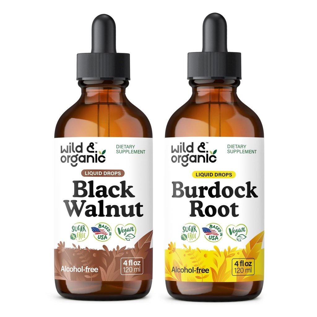 Wild & Organic Black Walnut Tinktuur 4 fl oz & Burdock Juur Tinktuur 4 fl oz
