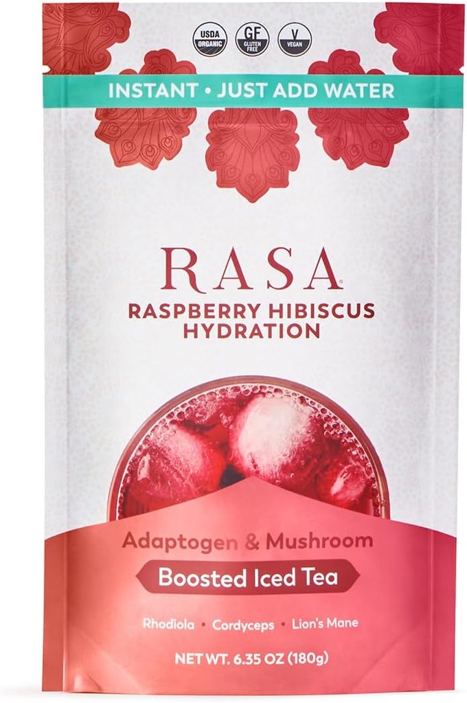 Rasa Vaarika Hibiscus  Hydra Orgaaniline tugevdatud jäätee Adaptogeenide ja seentega | Gluteenivaba, Premium elektrolüütide pulbrijoogisegu, värskendav hüdraat (6 oz / 24 Servings)