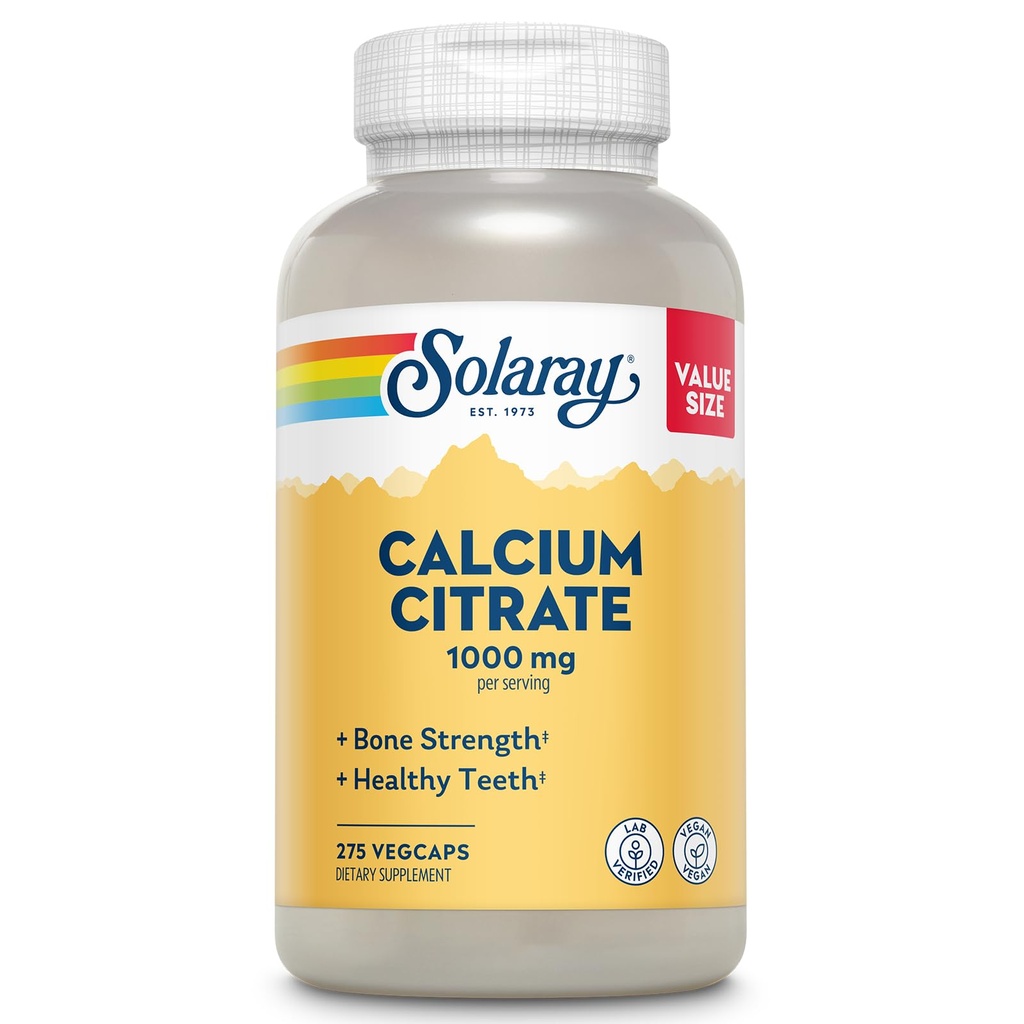 Solaray Calcium Citrate 1000mg - Kelate Calcium Supplement - Toetab Luu tugevust ja tervislikke hambaid - Lihtne seedida - 60-päevane garantii, Vegan - 68 Servings, 275 VegCaps