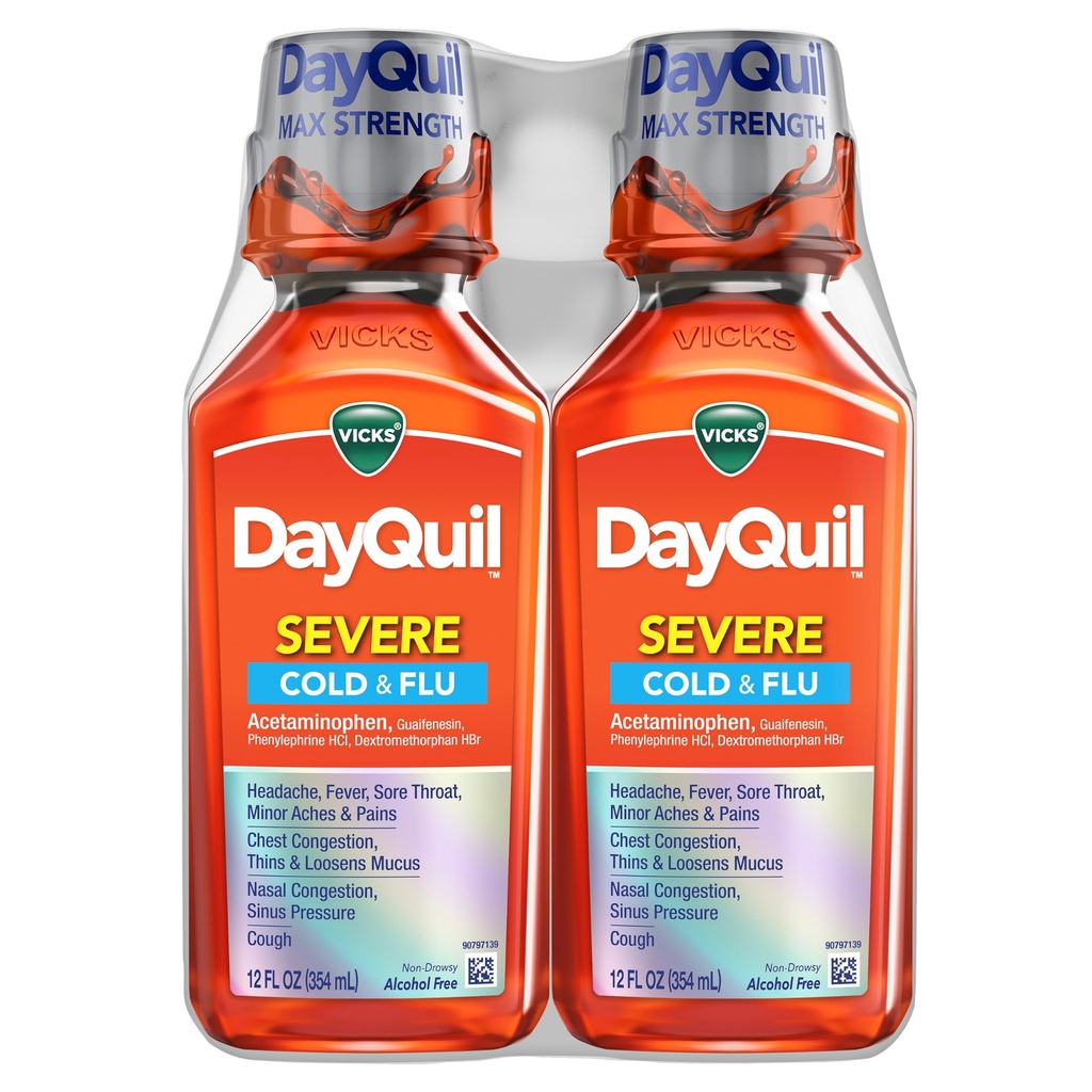 Vicks DayQuil Raske külm ja gripp Vedelik meditsiin, päevane peavalu leevendamine, palavik, valulik kurk, väikesed valud, rindkere ummistus, kleepuv nina, nina ummistus, siinusrõhk ja köha, 2x12oz