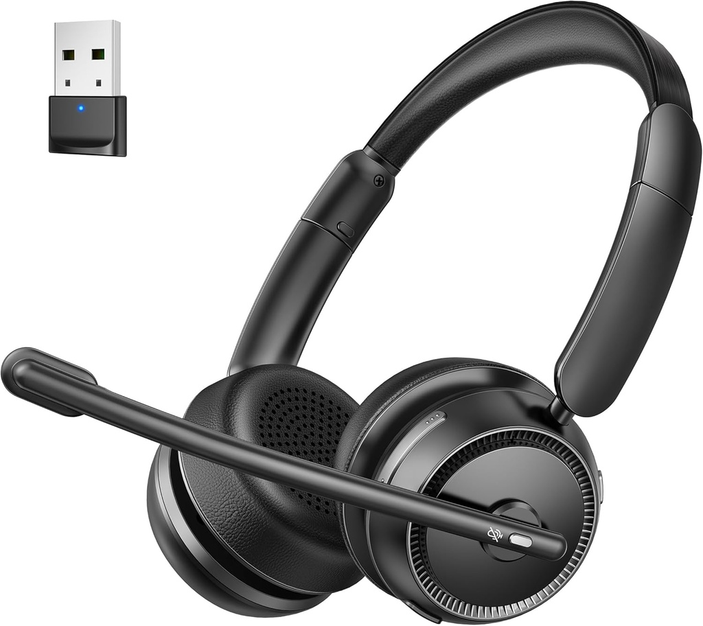 Bluetoothi peakomplekt koos AI müra tühistava mikrofoniga, Stereo HiFi Bluetoothi kõrvaklapid, traadita peakomplekt USB Dongle'iga arvutikontori kõnekeskusele Skype Zoom Meeting Trucker