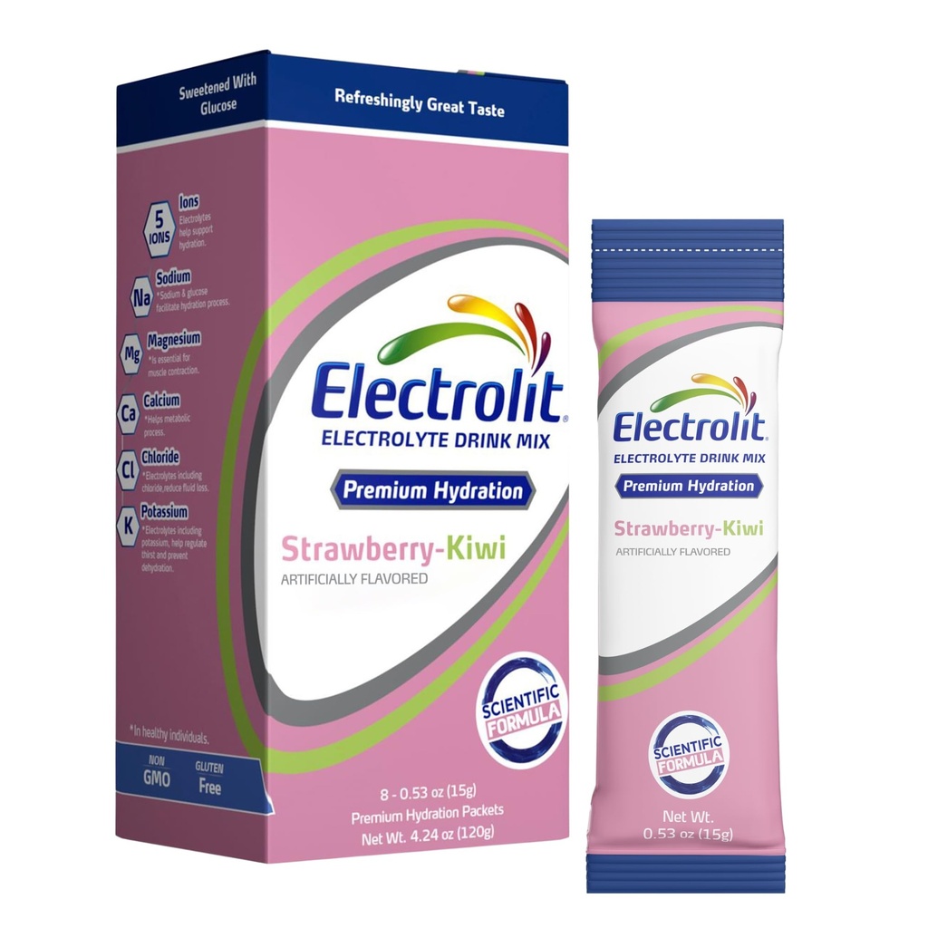 Elektroliitelektrolüütide pulbripaketid, maasika Kiwi 8 pakend, pulbrilised hüdratatsioonipaketid dehüdratsiooniks ja rehüdreerimiseks, post-treeningu maitsestatud hüdratatsioonijoogi segu, Gluteenivaba vee tõhustuspulgad