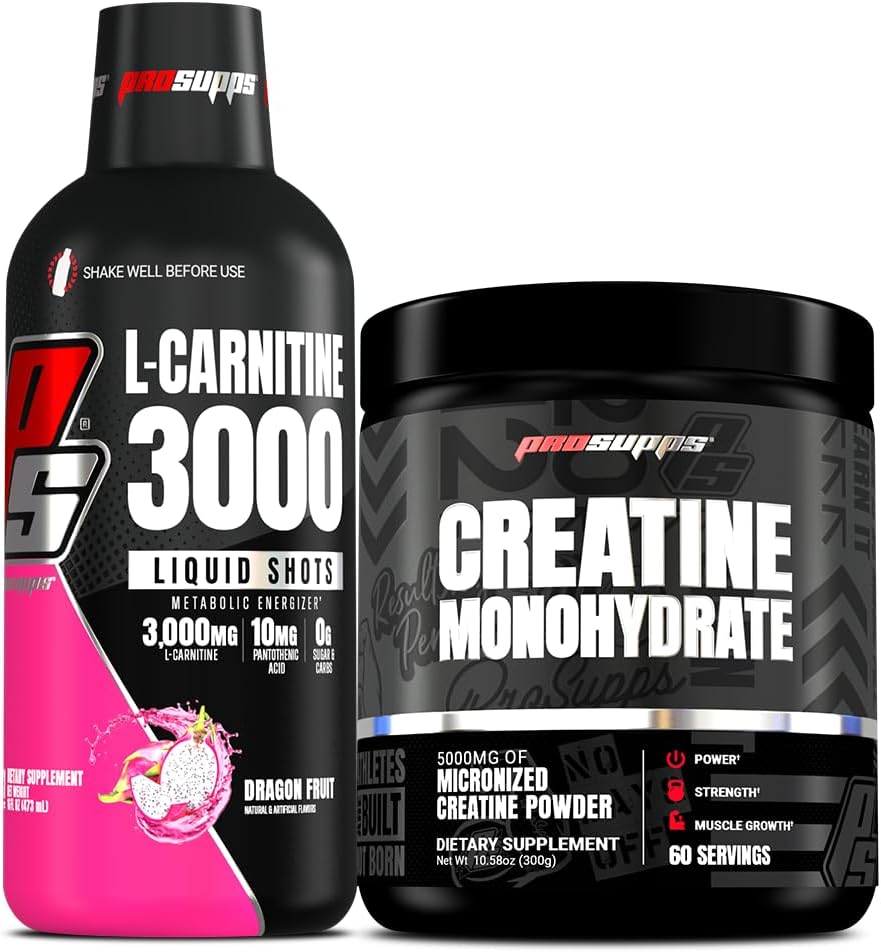 PROSUPPS L-karnitiin 3000 stimuleerivat vaba vedelikku (31 serveerimist, lohevilja) ja kreatiini 300 monohüdraati (60 serveerimist)