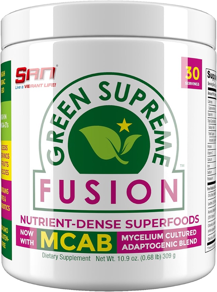 SAN Nutrition's Green Supreme Fusion Blend Antioksüdant: Super Greens Smoothie Segu Spirulina, Chlorella, Adaptogenic Seened, 30 Servings