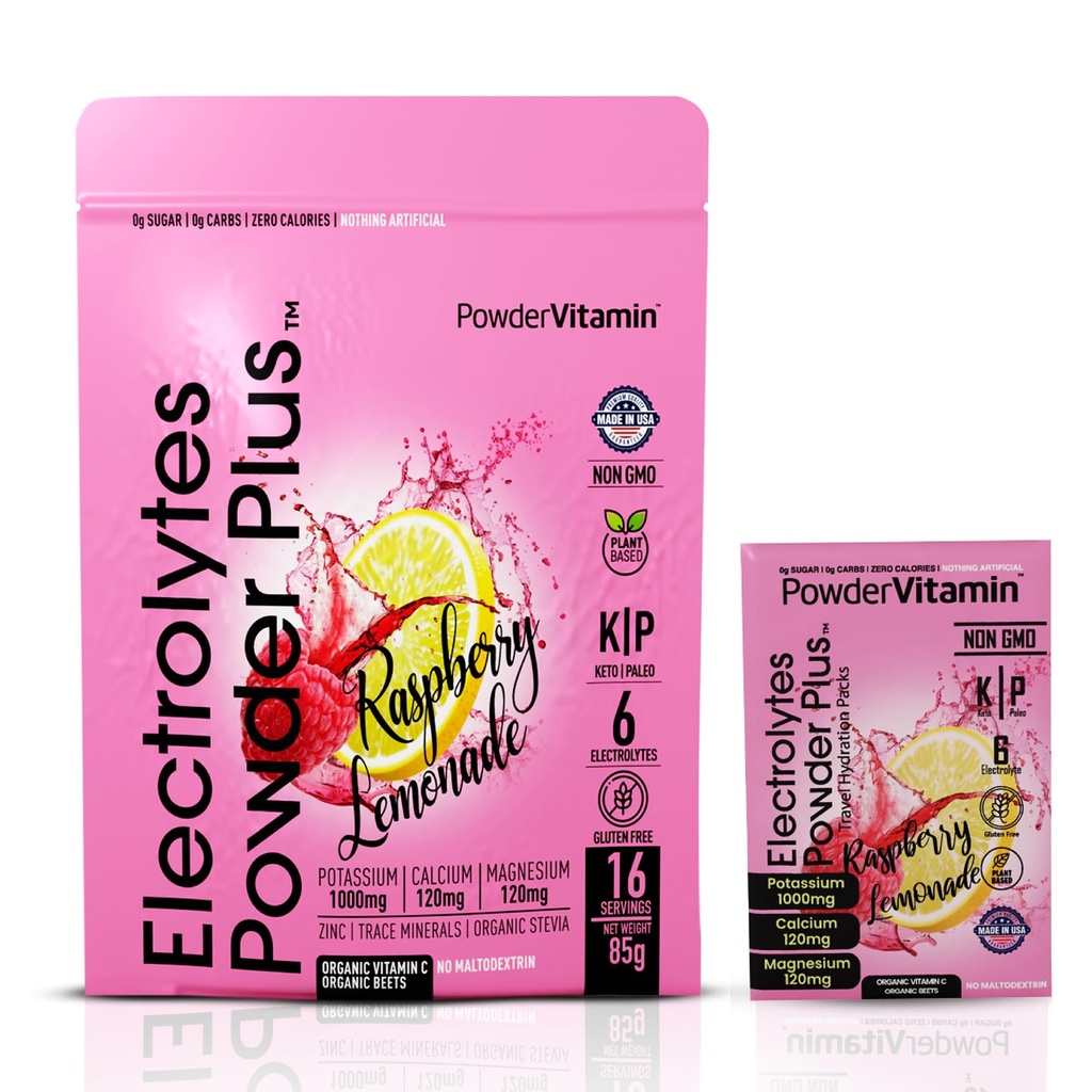 PowderVitamin Electrolytes Powder Plus, Keto, Vaarika Lemonade, Sugar Free, Roosa Himaalaja sool, 1000mg kaalium, 120mg Kaltsium, 120mg Magneesium, Non-GMO, Zero Calories, (16 Hüdratsioonipaketti)