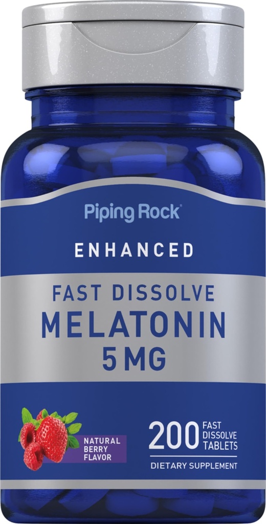 Piping Rock Melatoniin 5mg | 200 Kiiresti lahustuvad tabletid | Berry Flavor | Adult Supplement | Taimetoitlane, mitte-GMO, Gluteenivaba valem