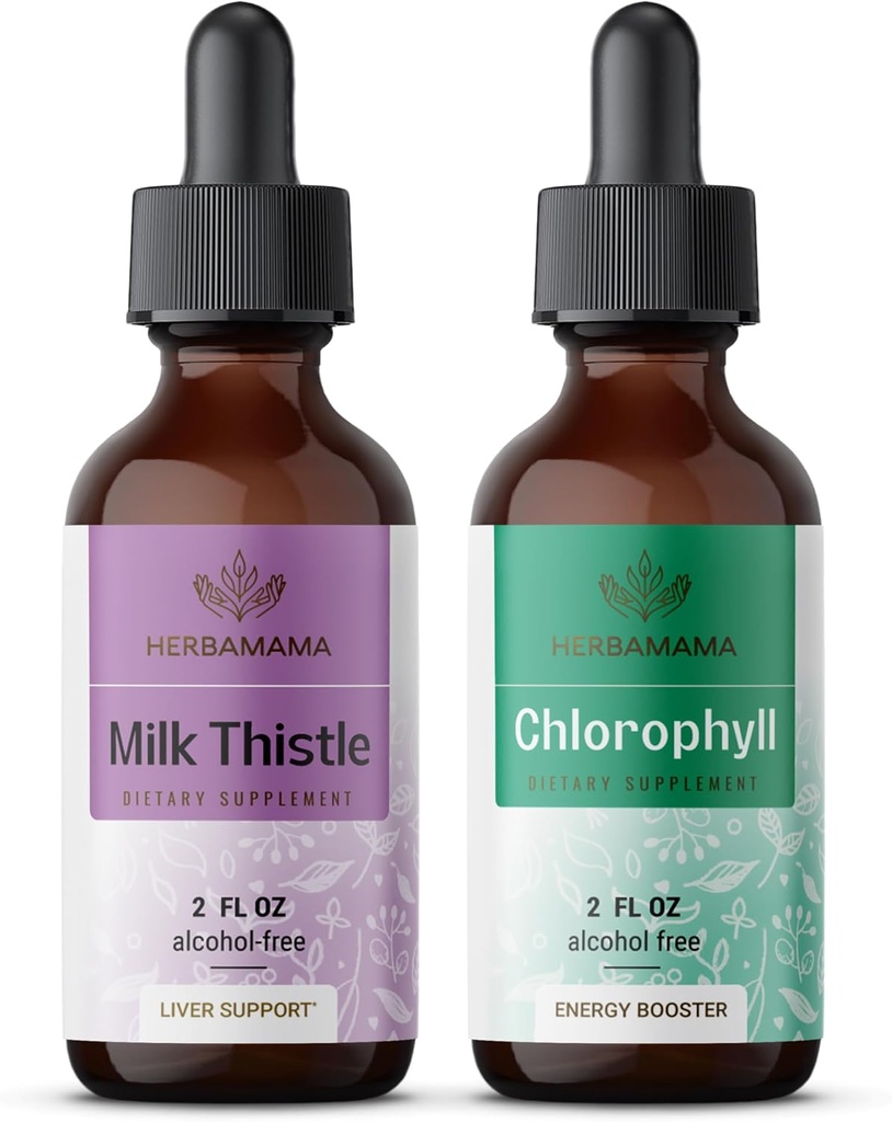 HERBAMAMA taimse vedeliku tilgad Kit - piimaohaka komplekt Ekstrakt 2 fl oz ja vedel klorofüll 2 fl oz - Veganlisandi Vedelekstrakt - Non GMO, Sugar & Alcohol-free - 2 Pack