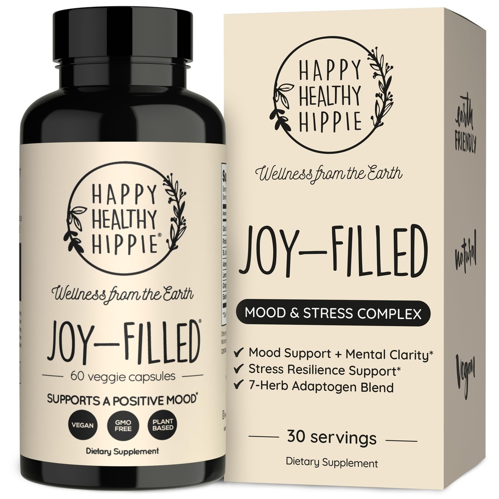 Joy-Filled Mood Support Supplement - 7 Herb Complex w / St. Johns Wort | Stress Relief - aitab rahustada meelt ja keha | 100% taimepõhised Happy pillid, Ashwagandha, Rhodiola Rosea | Adaptogens, 60 Ct