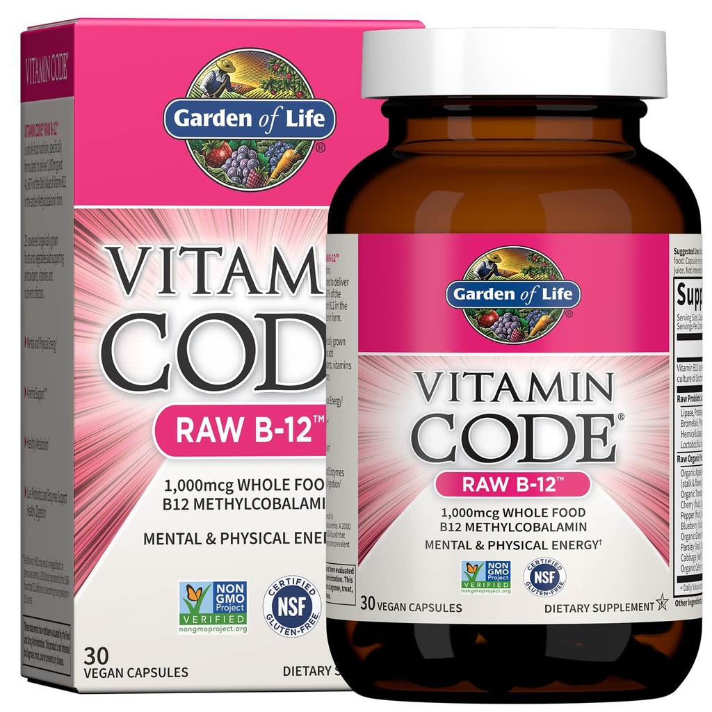 Eluaed Vitamiinikood Toores B-12-30 Kapslid, 1000mcg Terve toit B12 Metüülkobalamiin energia, Vegan Metüülkobalamiin Plus Probiootikumid ja ensüümid, Gluteenivabad toidulisandid