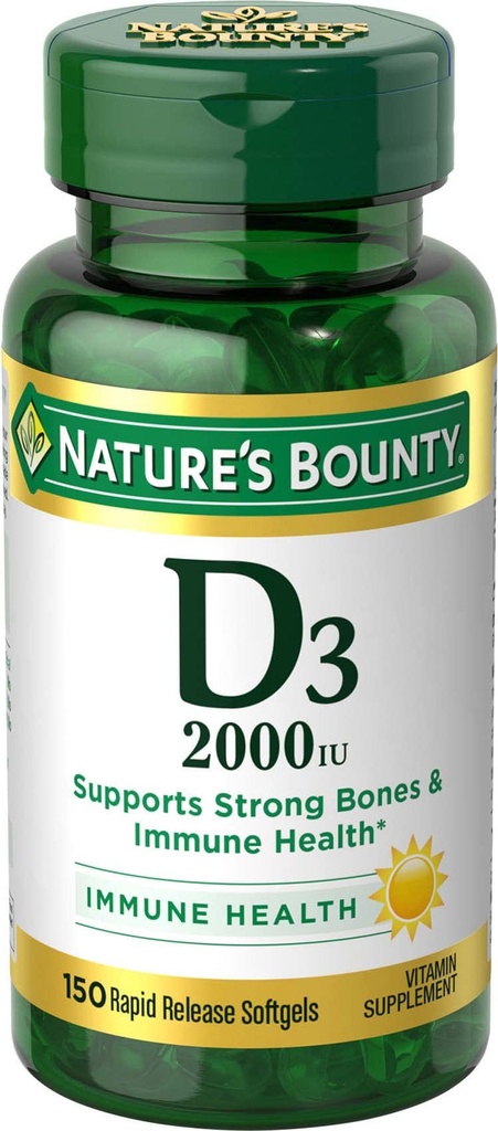 Looduse pearaha D-vitamiin, toetab immuunsüsteemi tervist ja luude tervist, 2000IU D3-vitamiin, 150 Softgels