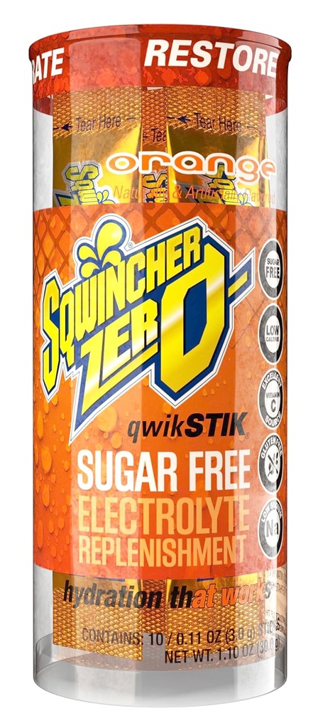 Sqwincher Zero Qwik Stik, Orange, Sugar Free, Low Calorie, Lownaatrium Electrolyte Powder Hydration Drink Mix, .11 oz Packet (Pack of 200)