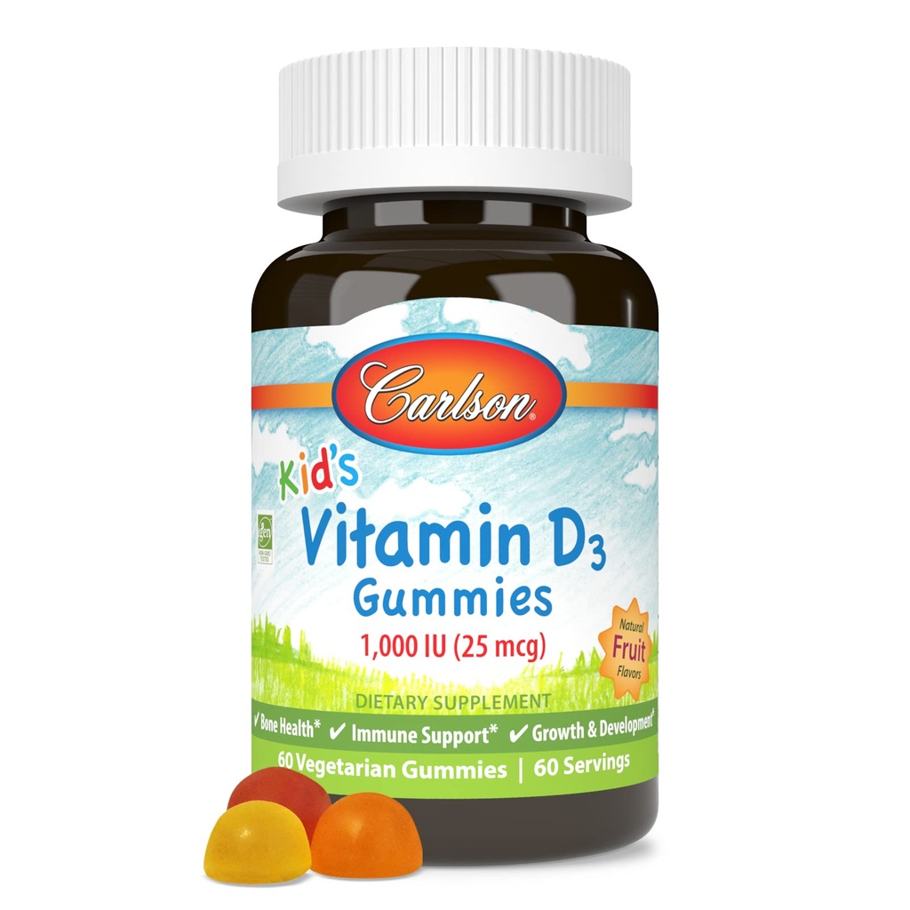 Carlson - Kid's Vitamiin D3 Gummies, 1000 RÜ (25 mcg), Luude Tervise Ja Immuunsüsteemi Toetus, Kasvu Ja Arengu, D-vitamiini Gummies, D3 Gummy Vitamiinid, Looduslikud Puuviljade Maitsed, 60 Taimetoitlaste Gummies