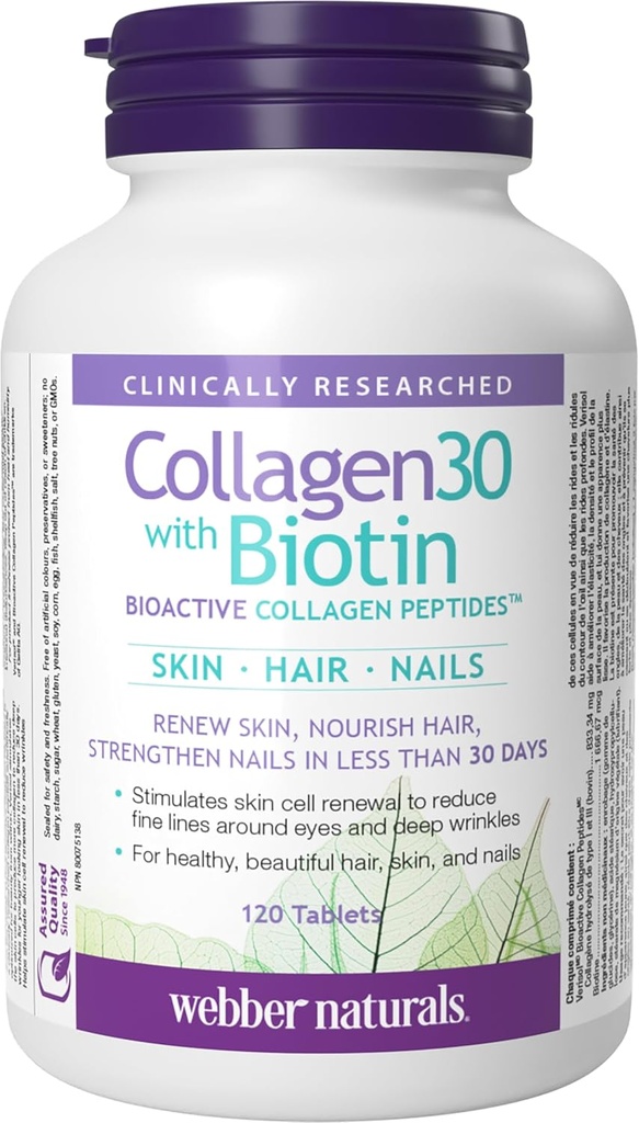 Webber Naturals Kollageen30 koos biotiiniga, 2500 mg bioaktiivseid kollageenpeptiide koos 5000 mcg biotiiniga serveerimise kohta, 120 tabletti, naha, juuste ja küünte täiustatud toitumiseks, piima- ja gluteenivaba