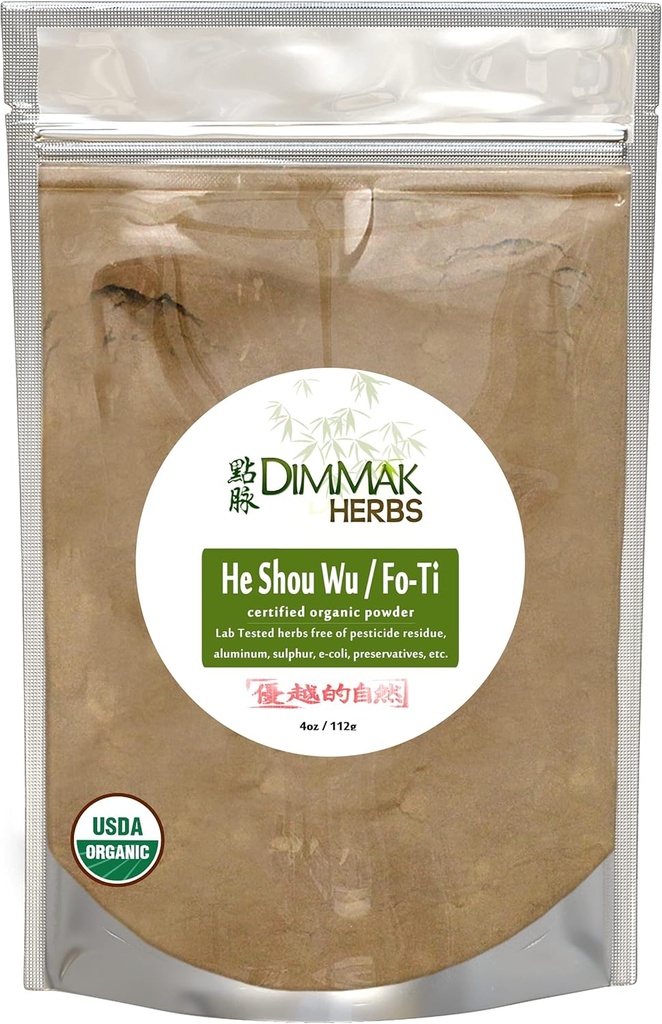 Dimmak maitsetaimed Orgaaniline Fo Ti Juur Toores Hiina maitsetaimepulber - Cure / Valmistatud USDA Orgaaniline He Shou Wu (Polygonum Multiflorum Preperata) Lisa veele või Smoothie 1 4oz/112g kott