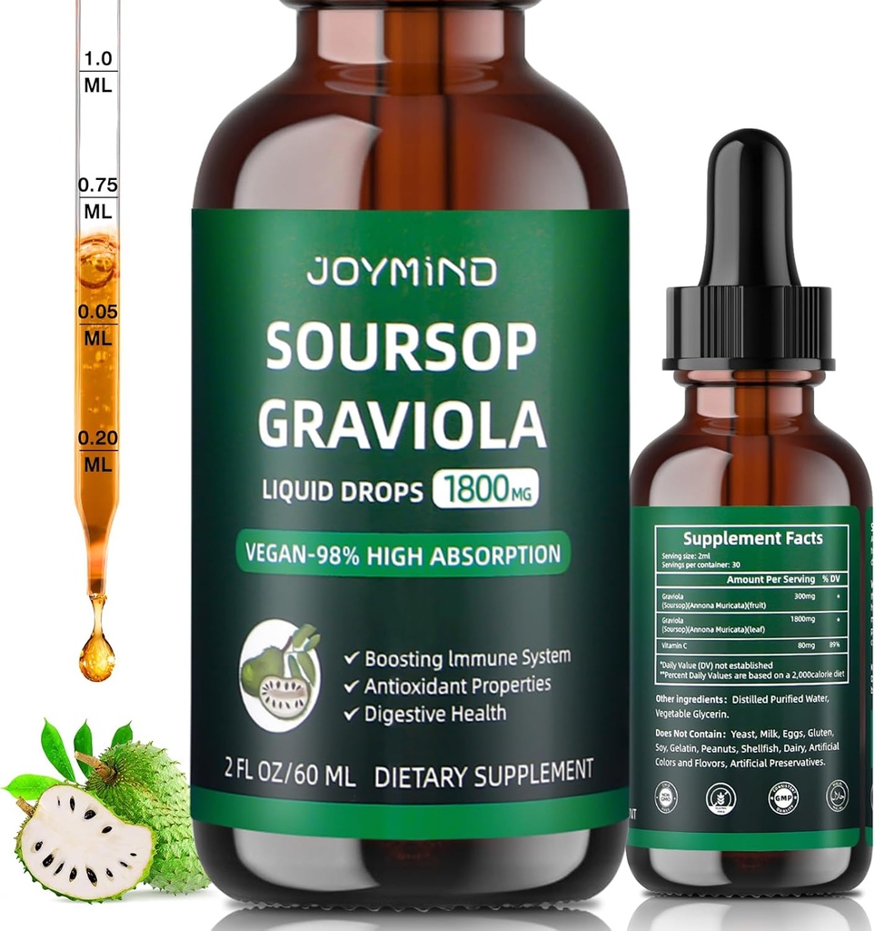 Graviola Soursop Leaf Extract Vedelik - Soursop Bitters Vedelik, Immune Boost, Lõdvestu, Maks ja uni, Vegan, Suhkur & Gluteenivaba, 98% imendumismäär, looduslik maitse, 2 kuu pakkumine 60ML