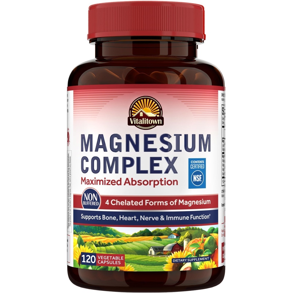 Vitalitowni magneesiumkompleksi lisa 500mg - NSF sertifitseeritud magneesiumglütsinaat, malaat, tauraat ja tsitraat - kelaaditud kõrge imendumine ja õrn kõhul - Vegan Non-GMO 120 kapslit