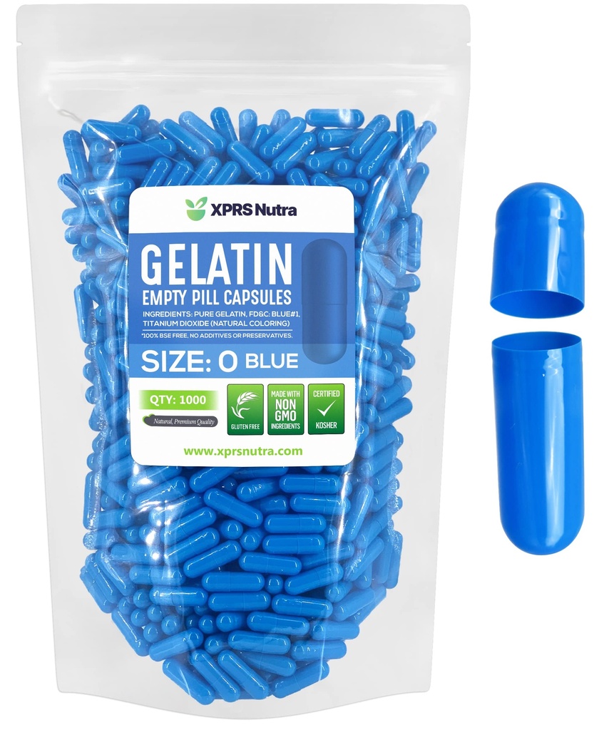 XPRS Nutra suurus 0 Tühjad kapslid - Tühjad želatiinkapslid - 1000 Count DIY kapsli täitmine - Puhtad veiste pillid Gel kapslid Do-It-Yourself täiendused (sinine)