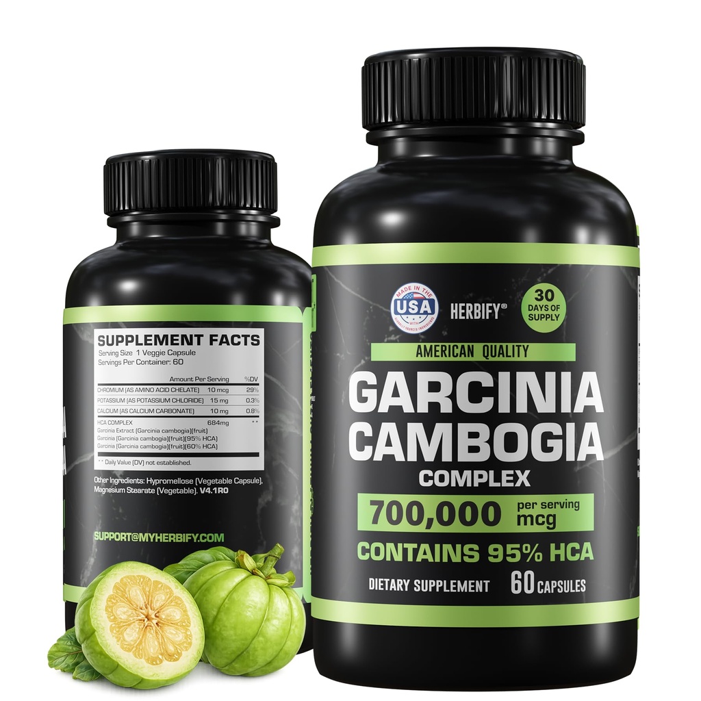 HERBIFY Garcinia cambogia Tervisetoetus täiendus naistele ja meestele - Taimne ekstrakt antioksüdantide omadustega - Energiatugevdaja igapäevaseks eluks ja seedetrakti toetuseks - 60 loend