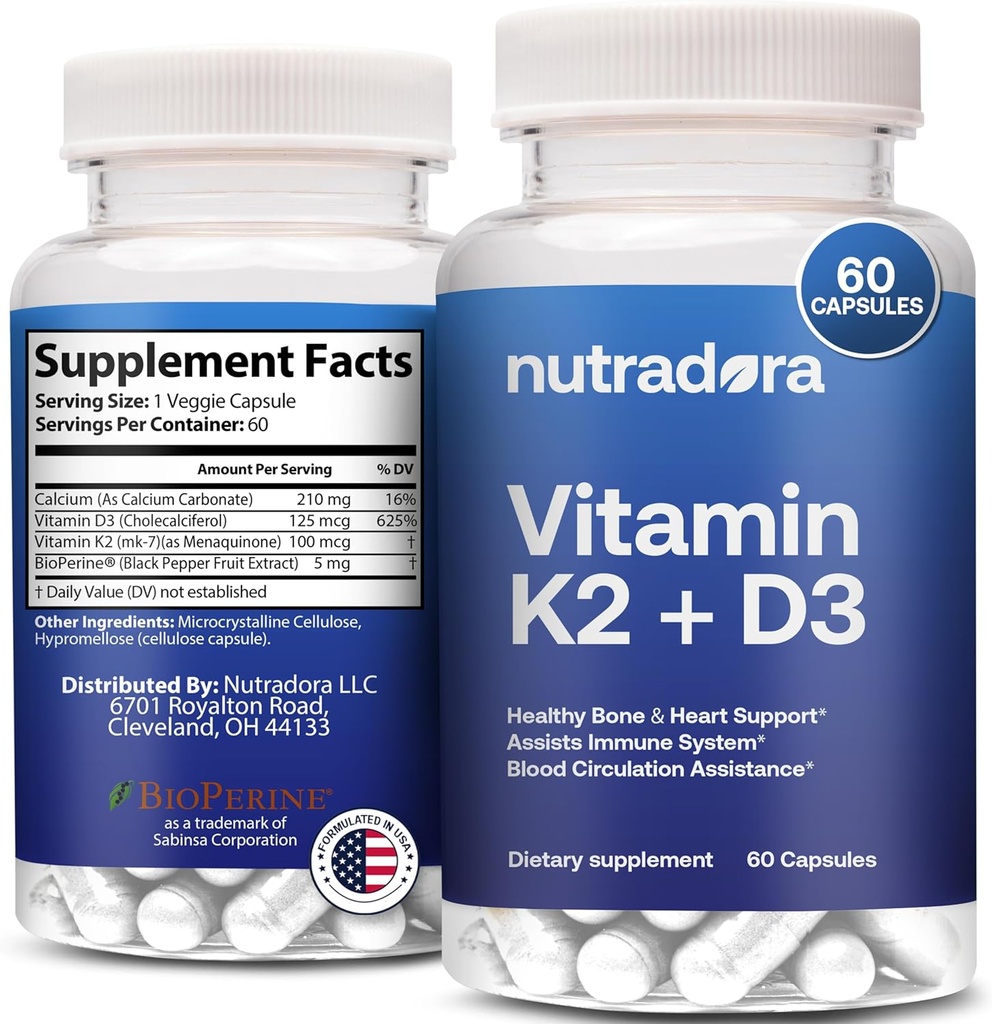 Vitamiin D3 K2 kapslid meestele ja naistele - K2 D3 vitamiinilisa terve südame ja luude toetamiseks, immuunsüsteemi ja vere tsirkulatsiooniabi, formuleeritud USA-s, 60 Veggie kapslit