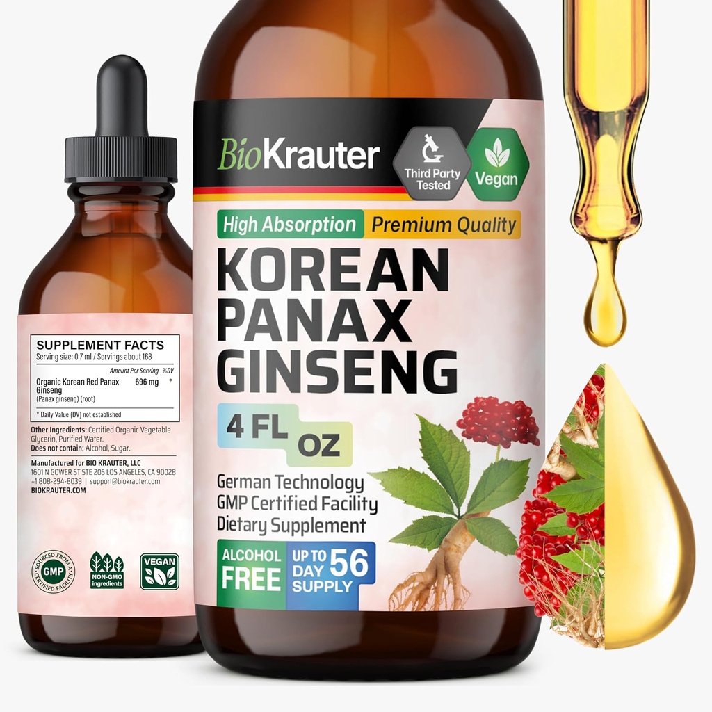 BIO KRAUTER Korea punase ženšenni ekstrakt Vedelik - Alkohol ja suhkur Vaba Panax Ginseng Supplement - Vegan Immune Support Supplement - 4 Fl. Oz.