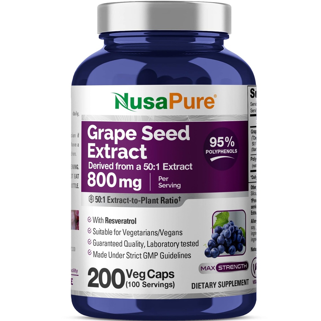 NusaPure viinamarjaseemne ekstrakt 40 000 mg kapsli kohta, 200 vegankapslit, standardiseeritud, mitte-GMO, gluteenivaba, resveratrool