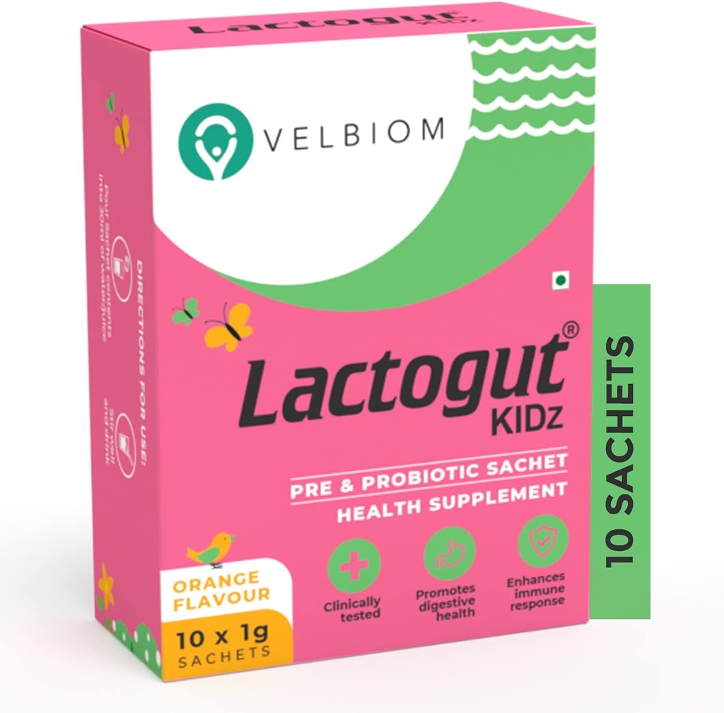 Lactogut Kidz Probiootikumid Pulber lastele Lihtne tarbida probiootikume lastele Soolestiku tervis, üldine heaolu ja immuunsus Vegan kliiniliselt tõestatud - 1Gx10 kotid (oranž maitse)