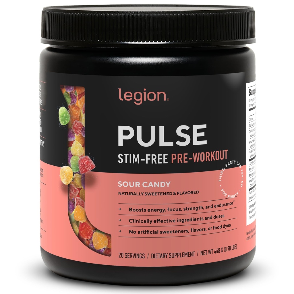 LEGION Pulse Pre Workout Supplement - Kõik looduslikud lämmastikoksiidi eeltreeningujoogid energia suurendamiseks, kreatiinivaba, looduslikult magustatud, beeta-alaniin, tsitrulliin, Alpha GPC (kofeiinivaba hapukomm)