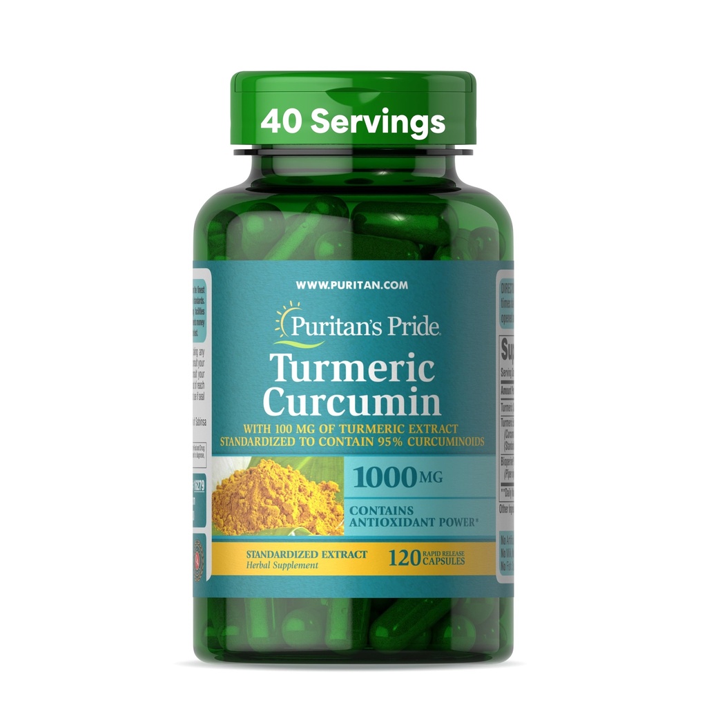 Puritan's Pride Turmeric Curcumin 1000mg, Standarized 95% Cucuminoids, Taimne Dietary Supplement for Antioxidant Health, 120 Rapid release kapslid