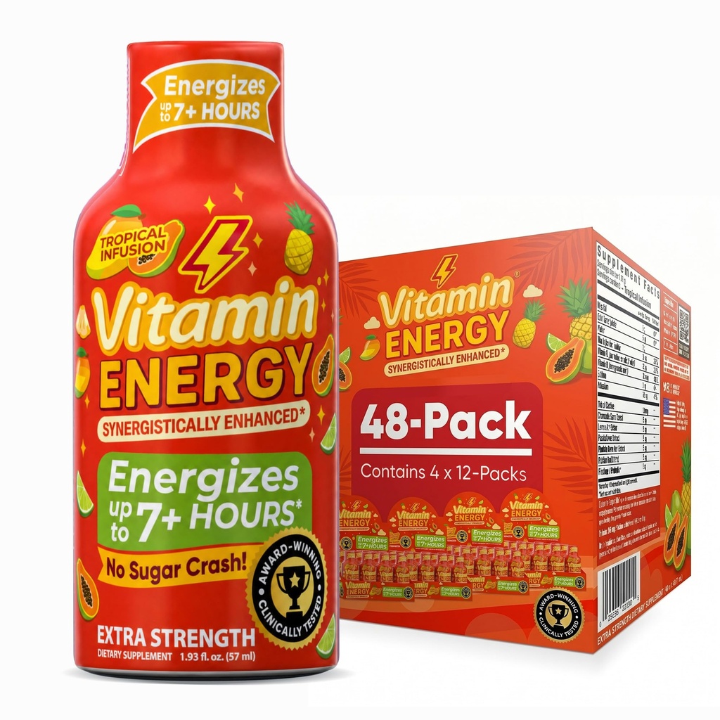 Vitamiinienergia fookus + ekstra tugevus Energia Shot Tropical Infusioon 48 Pack, 260mg looduslik kofeiin, B-vitamiinid, CoQ10, aminohapped, fookus, tootlikkus ja selgus, nullsuhkur, gluteenivaba, 1,93 fl oz