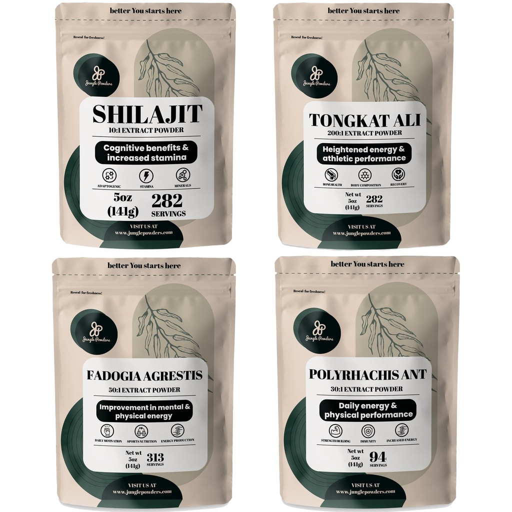 Jungle Powders Taimsed Powders Bundle - Shilajit Powder, Tongkat Ali meestele Powder, Black Sipelga ekstrakti pulber, Fadogia Agrestis ekstrakt meeste täiendus