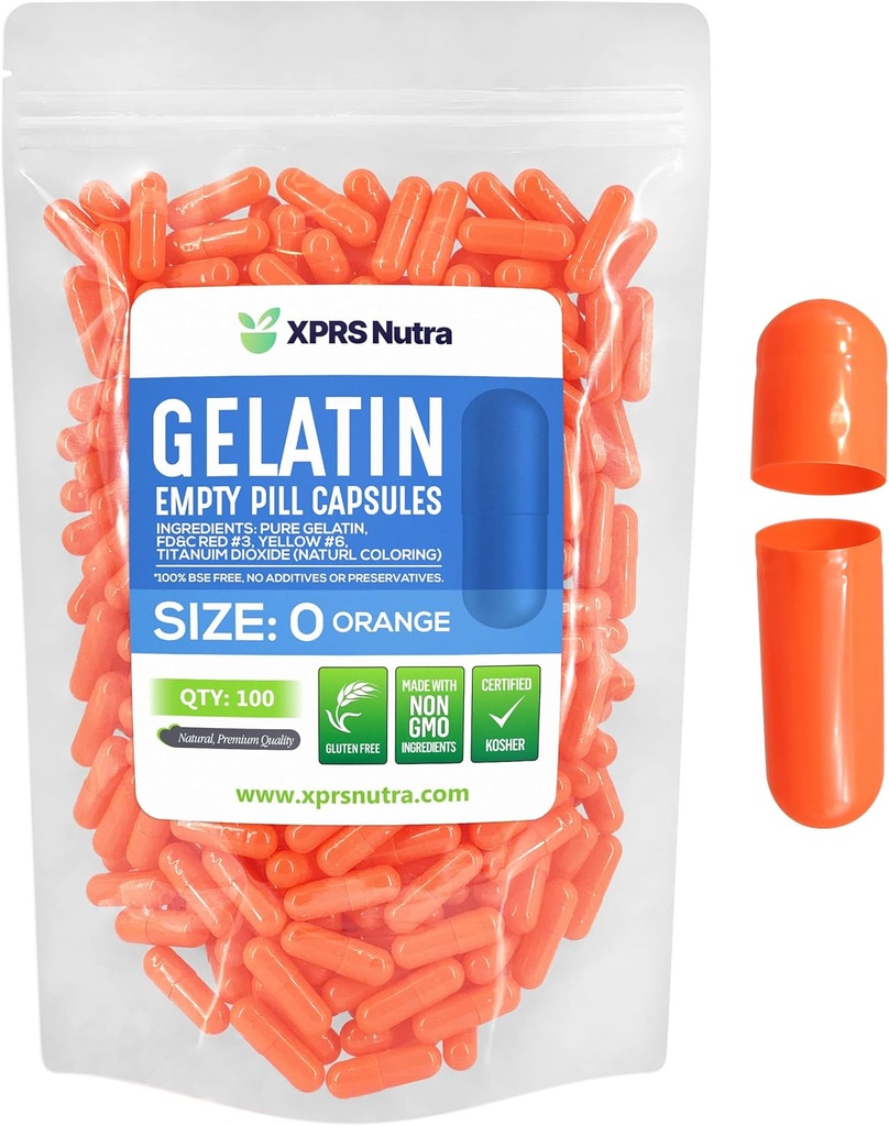 XPRS Nutra suurus 0 Tühjad kapslid - 100 loend Tühjad želatiinkapslid - pillid DIY kapsli täitmiseks - puhas Veise geel kapslid Do-It-Yourself täiendused (oranž)