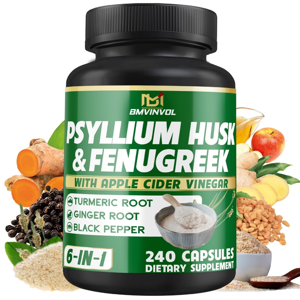 BMVINVOL Psyllium Husk Fiber Supplement koos lambaläätse, Apple siidri äädika, kurkum, ingver, must pipar- seedimise tervise toetamine - 240 kapslit