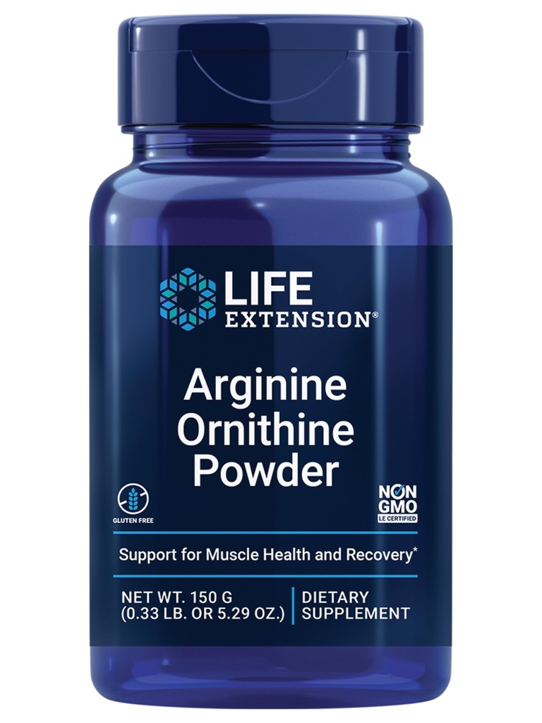 Life Extension Arginine Ornitiin Pulber, soodustab lihaste tervist ja taastumist, Gluteenivaba, mitte-GMO, netokaal 150 grammi