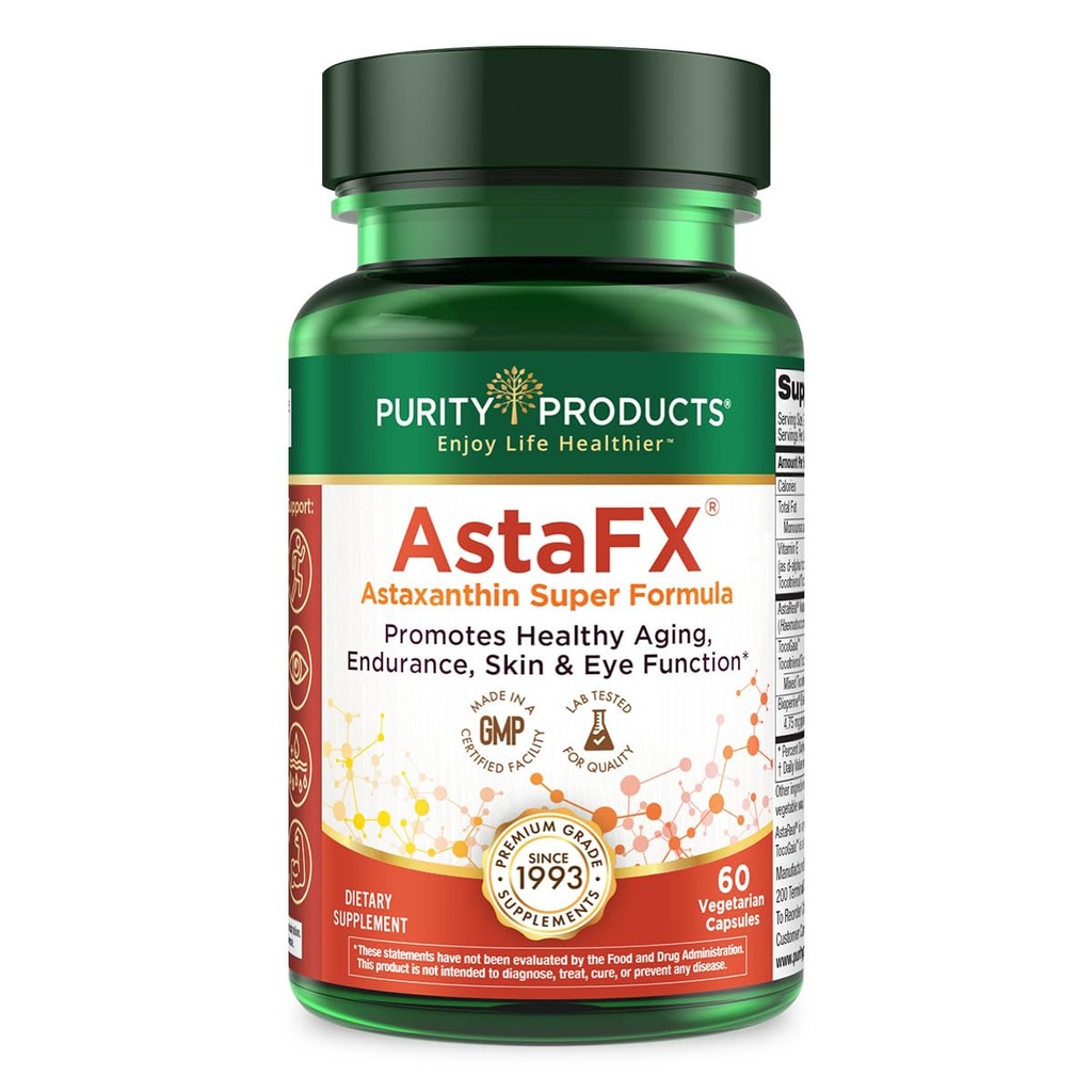 Puhtus Tooted AstaFX Astaksantiin Antioksüdant Super Valem kliiniliselt testitud 4 mg AstaREAL koos tokotrienoolidega ( E-vitamiin) + Bioperine Black Pepper + Piperine - 60 Vegetarian Caps