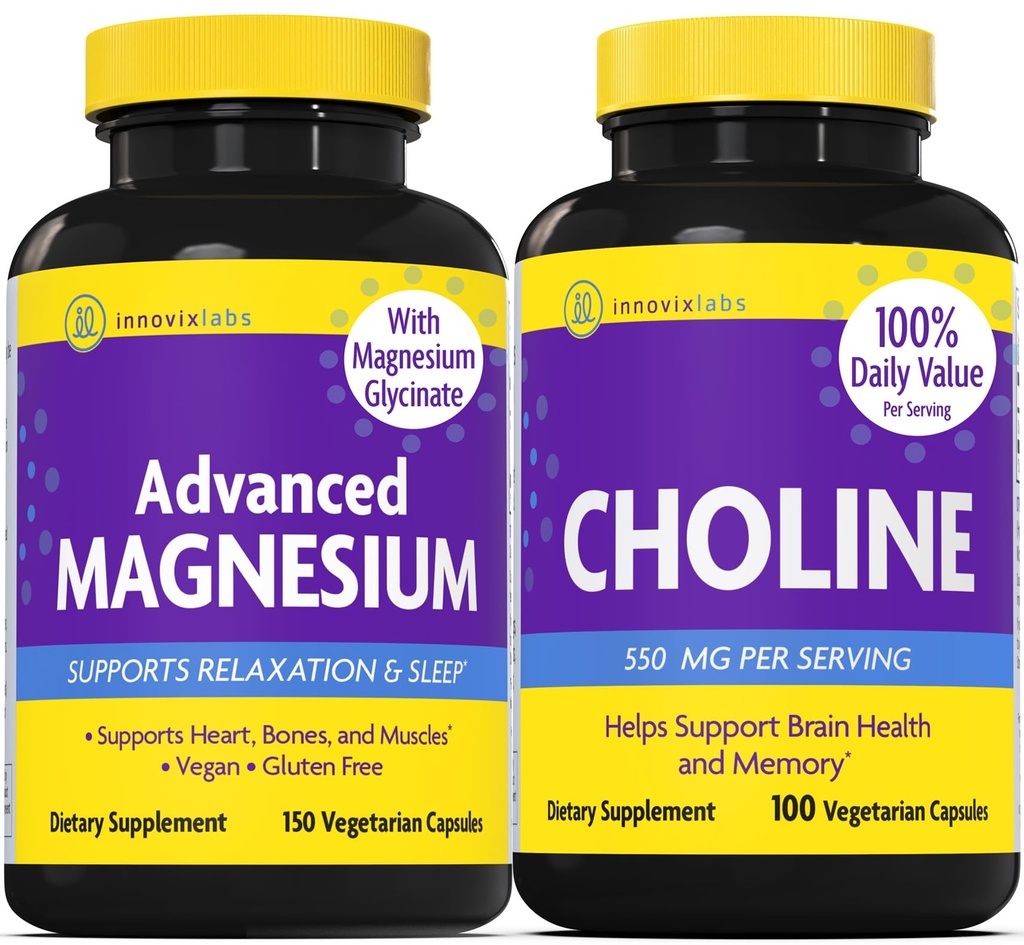 InnovixLabs Koliin & Magneesium Bundle Koliin Bitartraat 550 mg (100 kapslit) Advanced Magnesium (150 kapslit). Toetab mälu, meeleolu, aju tervist ja suurendab kognitiivset.