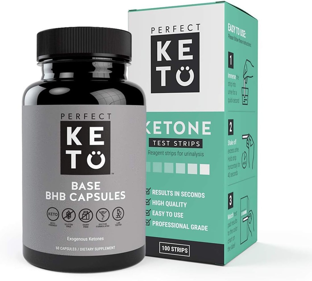 Täiuslik Keto Exogenous Ketones Base BHB täiendus (60 kapslit) - Ketogenic Diet Support kaalujuhtimine, energia ja fookus - Ketosis beeta-hüdroksübutüraat (100 tk) Keto Strips Bundle