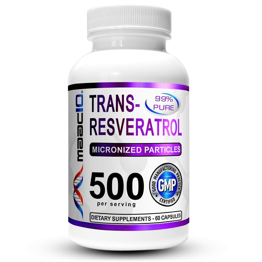MAAC10 Trans-Resveratrooli 500 mg täiendus (mikroniseeritud farmatseutiline aste 99% puhas trans-Resveratrooli ekstrakt + bioperiin parema imendumise jaoks) (2X 250 mg kapslid 60 ct)