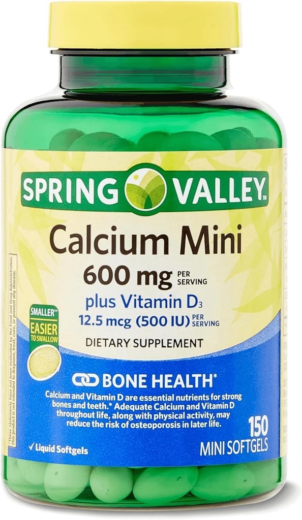 Spring Valley Calcium Plus Vitamiin D3 150 Mini Softgels | Kaltsiumilisand | Kaltsium Mini pehmegeelid | Kaltsium 600 mg koos vitamiiniga d3 | Kaltsiumkarbonaat 600 mg, 150 Mini Softgels +
