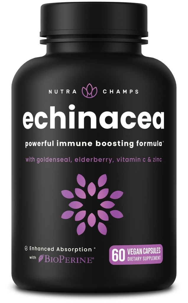 NutraChamps Echinacea Capsules 1000mg - 8-in-1 Immune Support Supplement - Echinacea Goldenseal, C-vitamiin, tsink, ingver, Elderberry - 60 kapslit