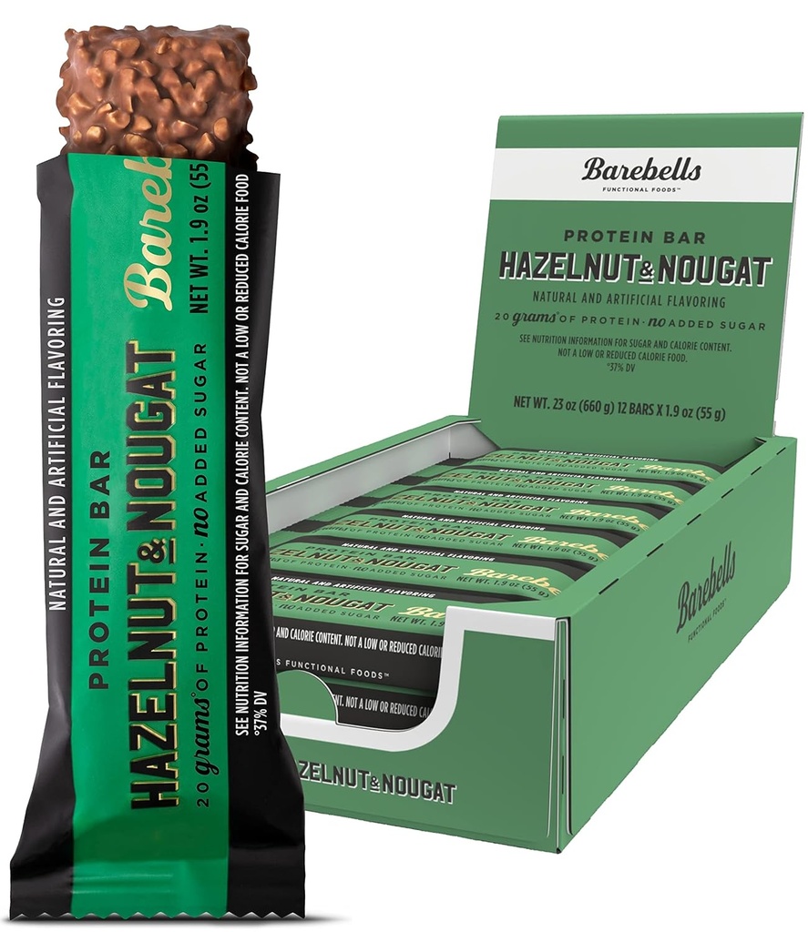 Barebells Protein Bars Hazelnut & Nougat - 12 krahv, 1.9oz Bars - Protein Snacks 20 g kõrge valguga - šokolaadivalgu baar 1 g kogusuhkruga - Go Protein Snack & Breakfast Bars