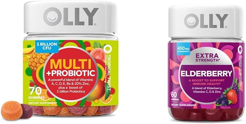 OLLY täiskasvanud multivitamiin Gummy probiootikumidega, 1 miljard CFU-d, 70 krahv ja ekstra tugevus Elderberry Gummies, immuuntoetus, 450mg, 60 krahv